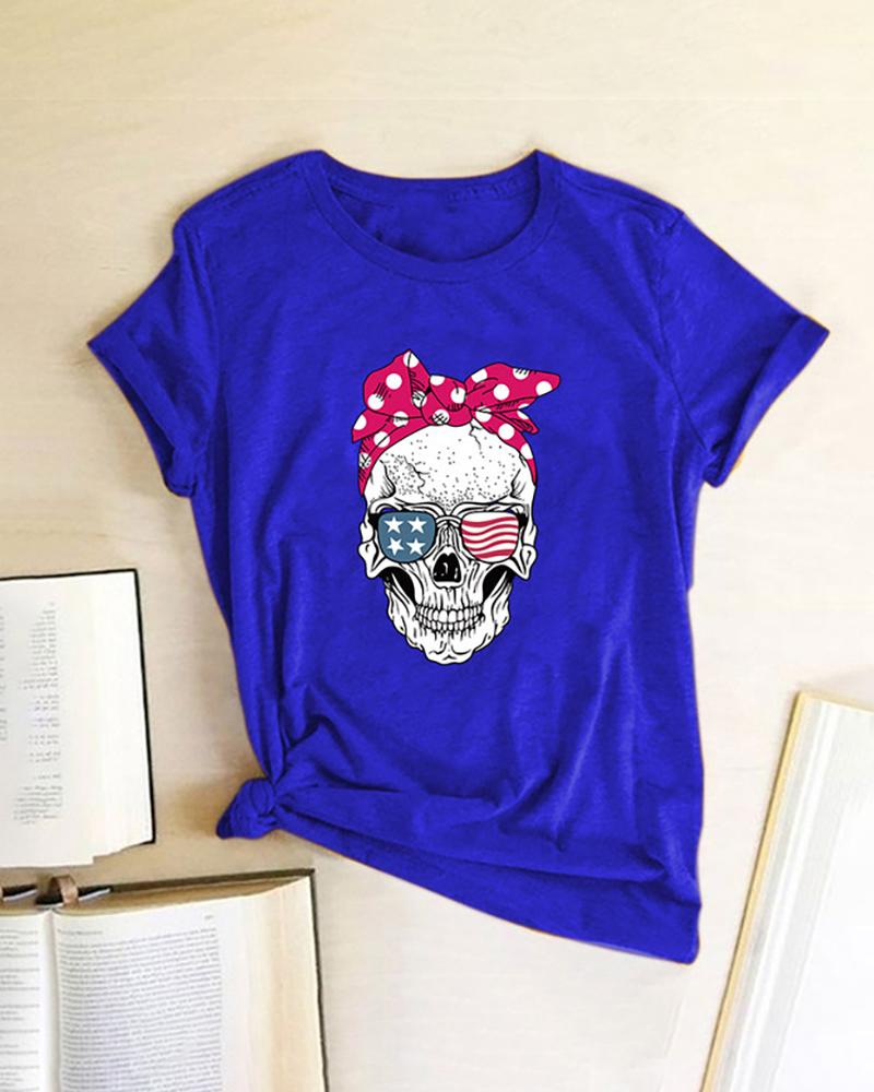

Skull Star Print Striped Shot Sleeve Casual T-shirt, Dark blue