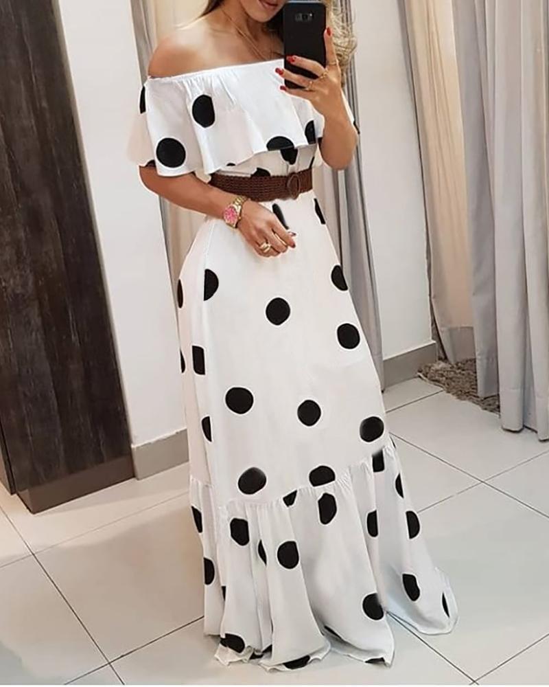 

Polkadot Print Off Shoulder Ruffles Maxi Dress, White