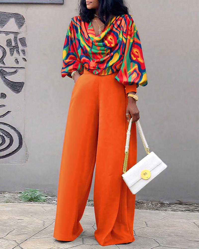 

Ensemble 2 pièces imprimé multicolore, col bénitier, manches lanternes, ourlet extensible, haut court ample et pantalon décontracté à taille élastique dans le dos, Orange