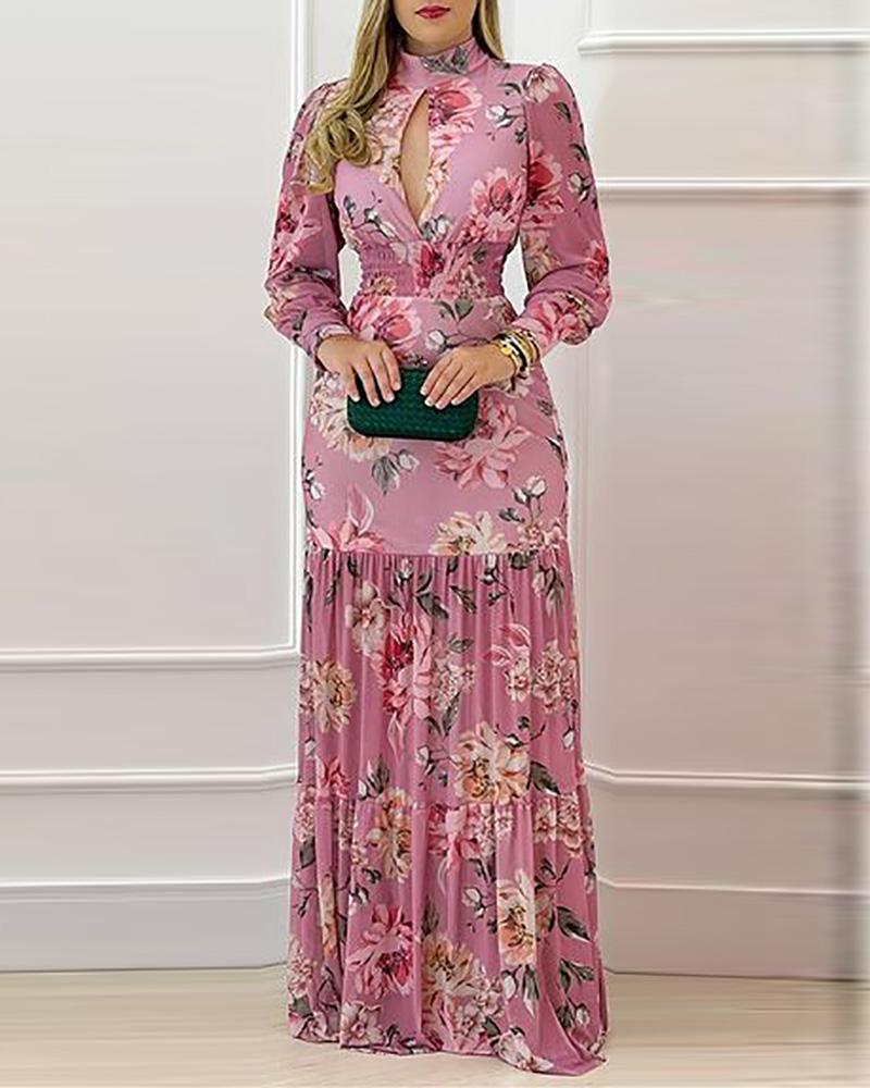 

Floral Print Lantern Sleeve Cutout Maxi Dress, Pink