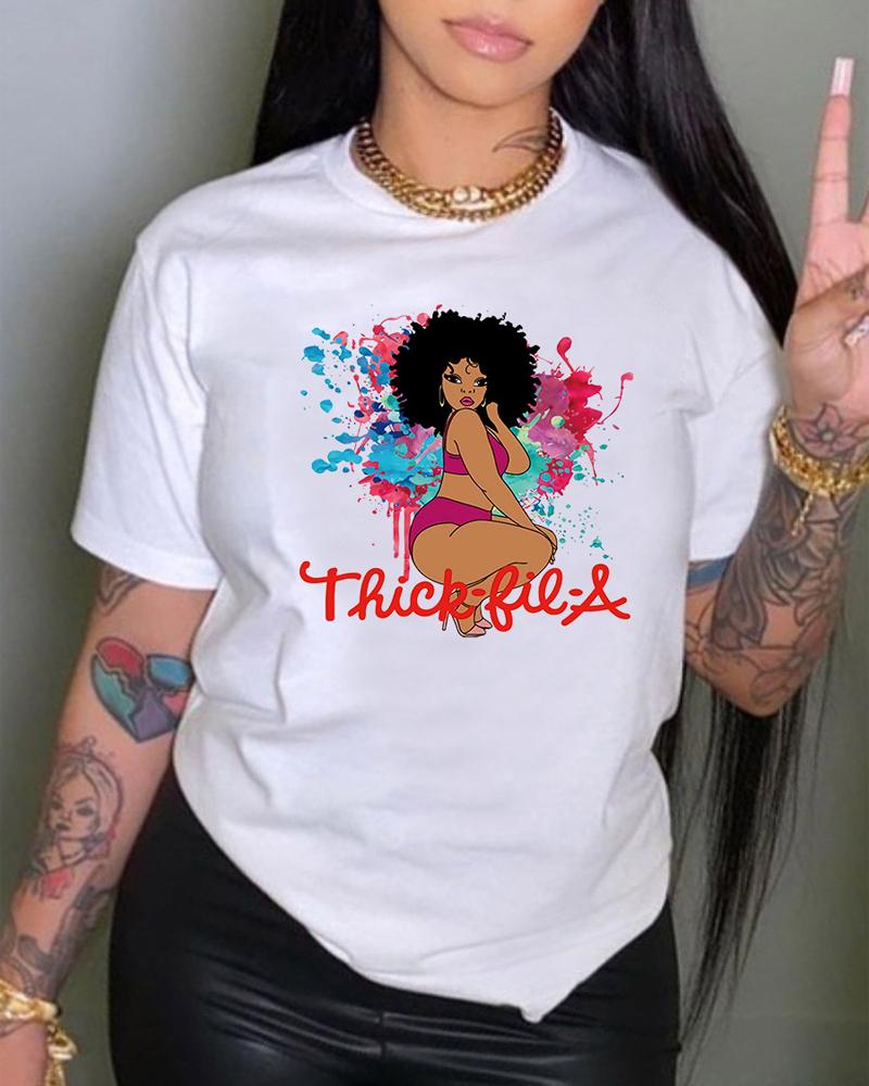 

Plus Size Figure Print Short Sleeve Casual T-shirt, White