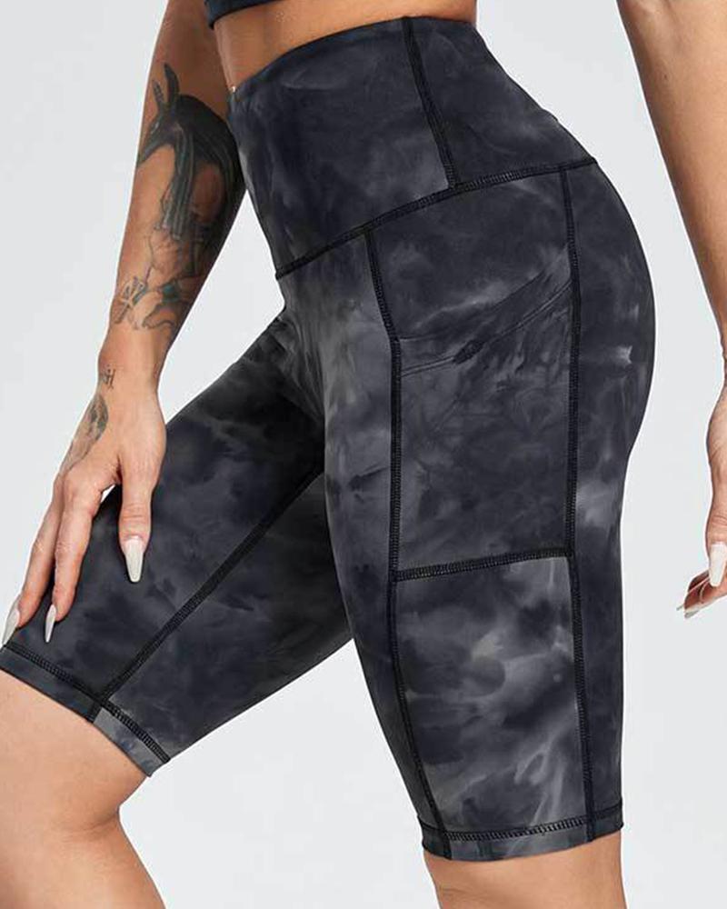 

Tie Dye Print High Waist Skinny Sport Short Pants, Black