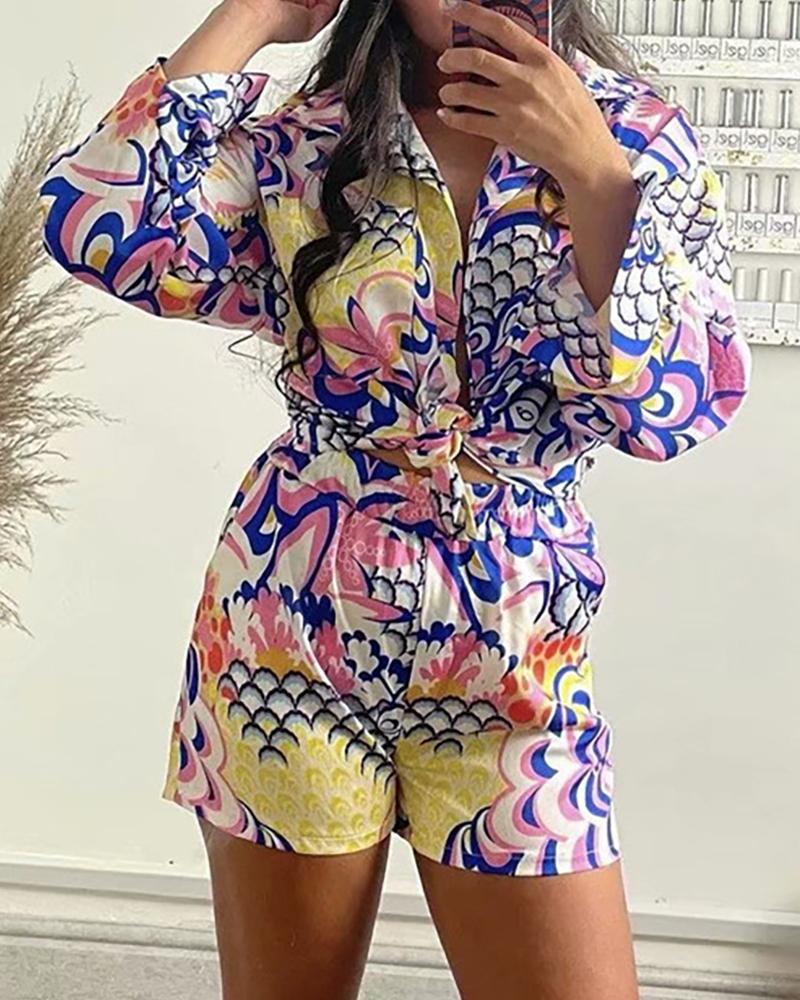 

Allover Print Long Sleeve Shirt & Shorts Sets With Headband, Yellow