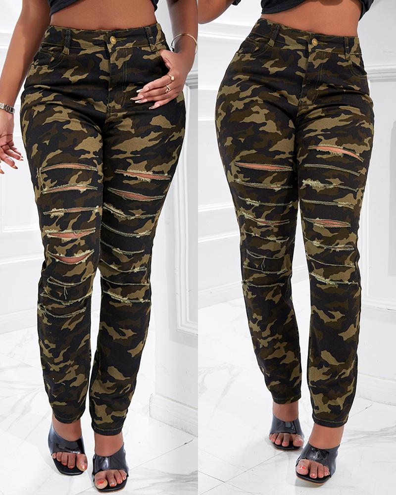 

Camouflage Print Fringe Hem Cutout Jeans, Army green
