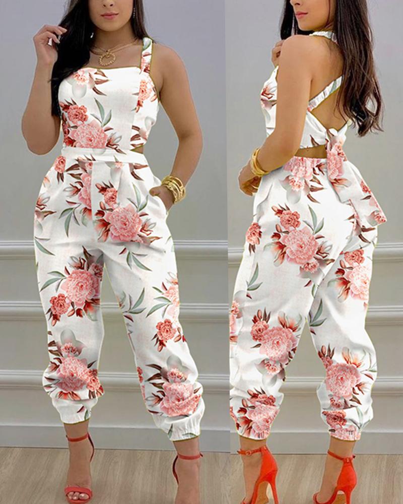 

Floral Print Criss Cross Tied Detail Backless Jumpsuit, White
