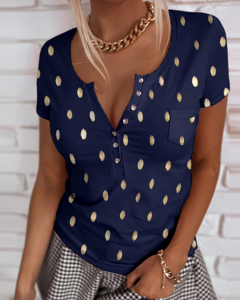 

Polka Dot Print Button Front V Neck T-Shirt, Purplish blue