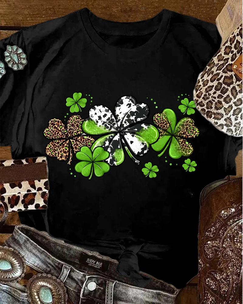 

St. Patrick' Day Lucky Shamrock Print Casual T-shirt, Black