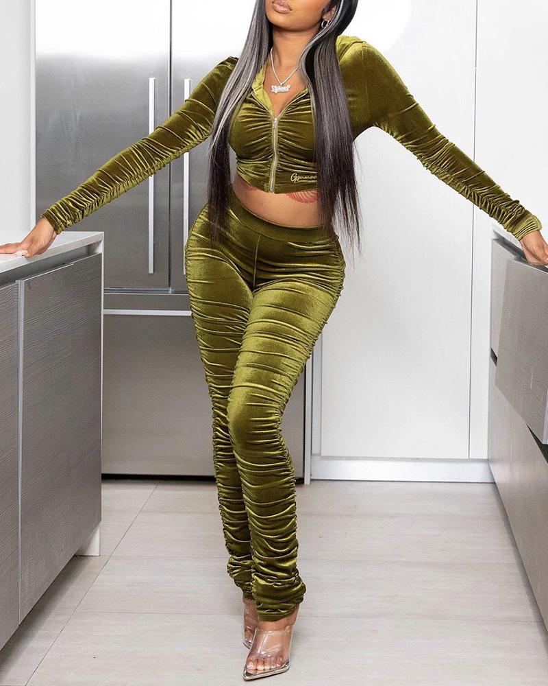 

Velvet Ruched Hooded Top & High Waist Pants Set, Green