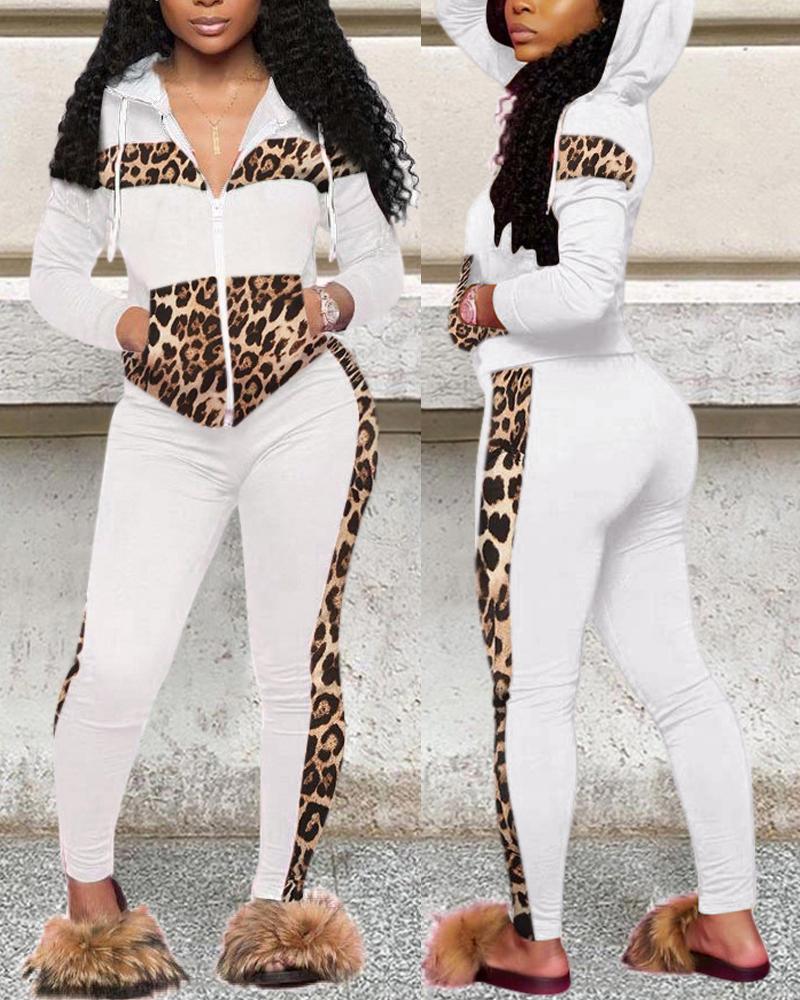 

Contrast Leopard Long Sleeve Zip Up Top & Pants Set, White