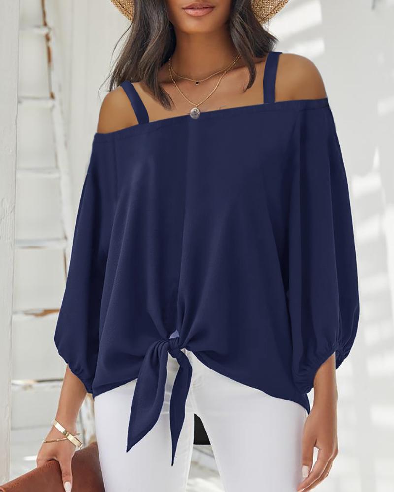 

Cold Shoulder Lantern Sleeve Knotted Front Top, Purplish blue