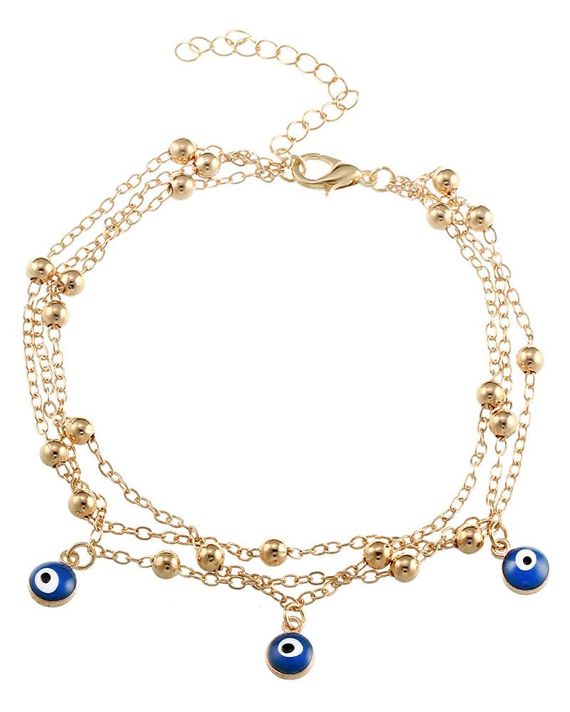 

1pc Bohemian Multi-layer Beaded Blue Eye Beach Chain Anklet, Gold