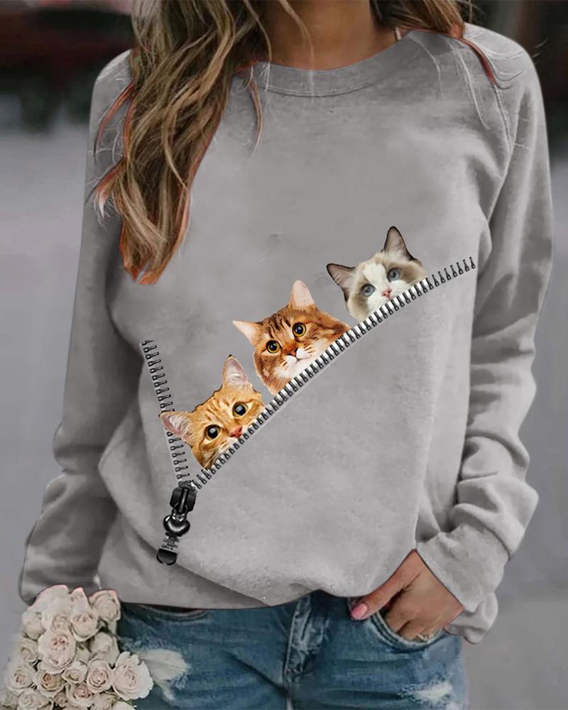 

Cat Print Long Sleeve Casual Top, Gray