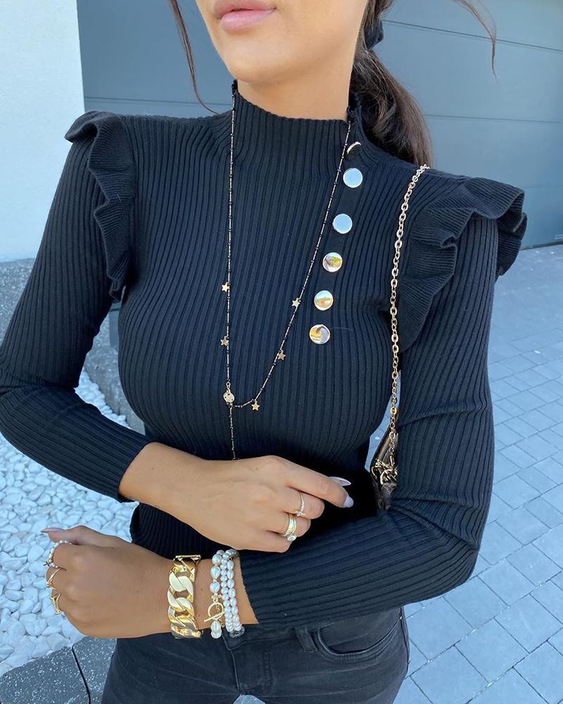 

Buttoned Frill Hem Long Sleeve Knit Sweater, Black