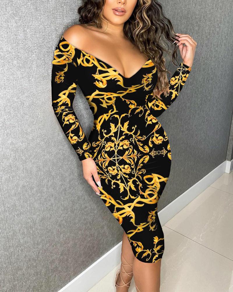

Scarf Print V Neck Bodycon Dress, Black