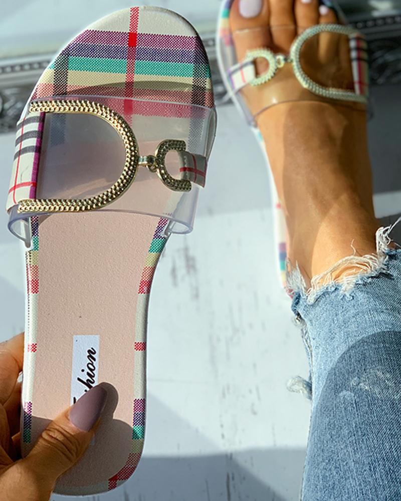 

Chain Decor Plaid Clear Perspex Flat Sandals, Multicolor