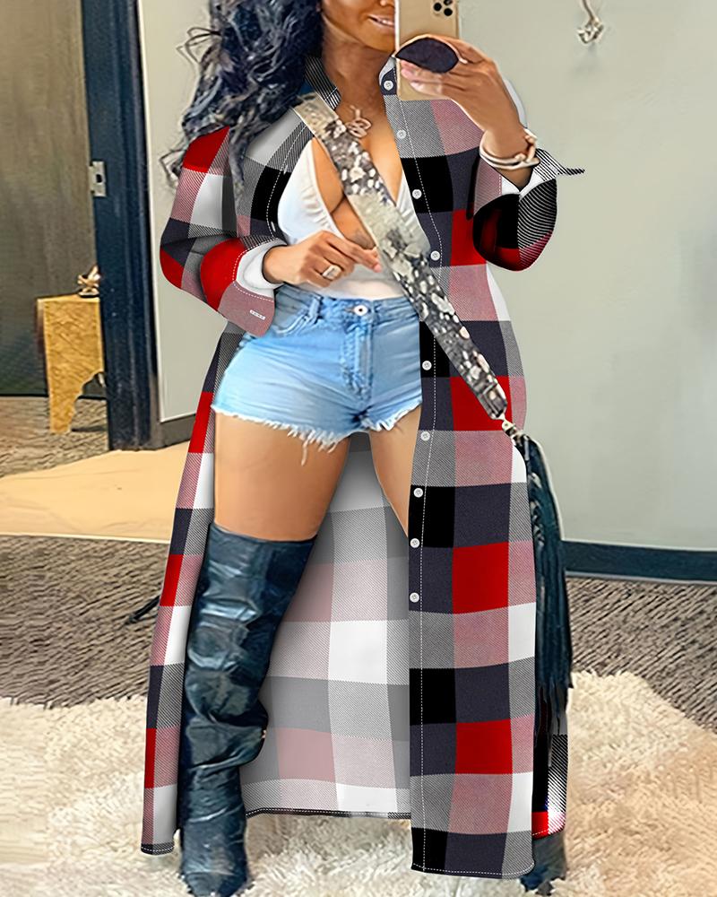 

Plus Size Plaid Print Buttoned Longline Coat, Red