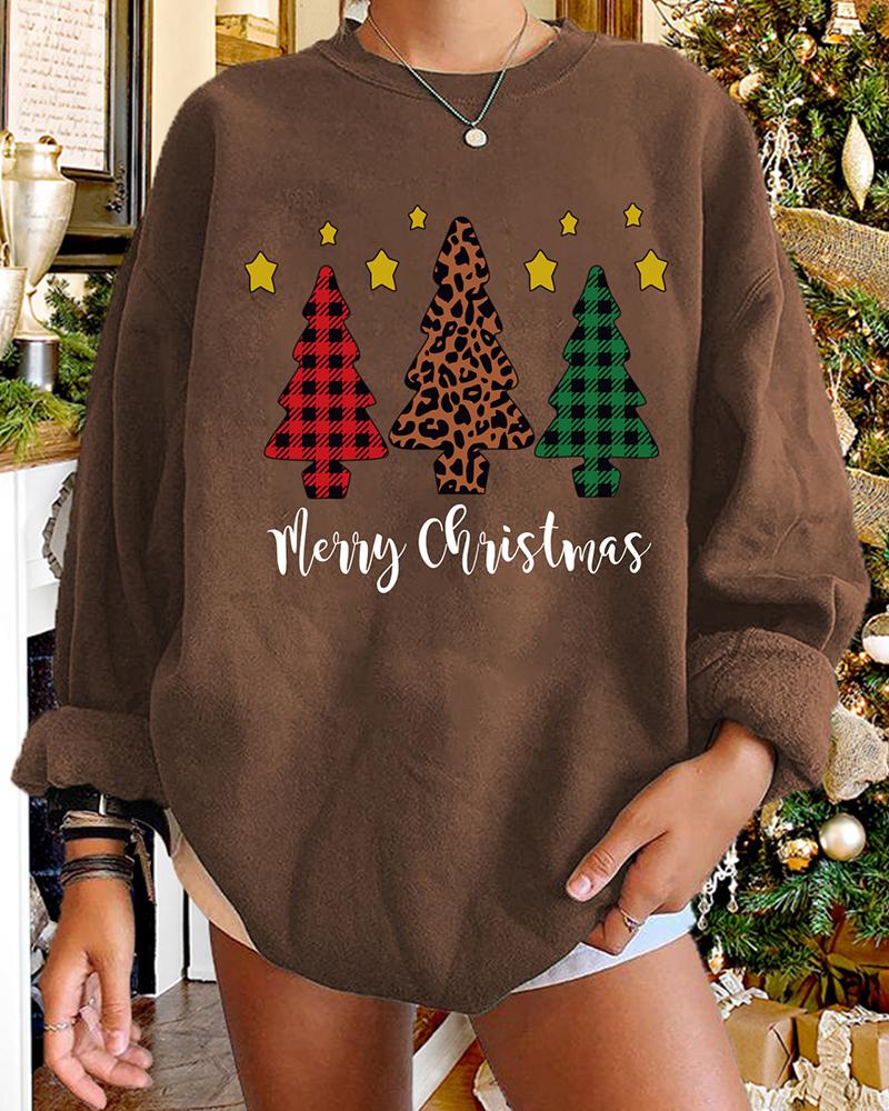 

Christmas Long Sleeve Letter Tree Cheetah Plaid Print Sweatshirt, Coffee
