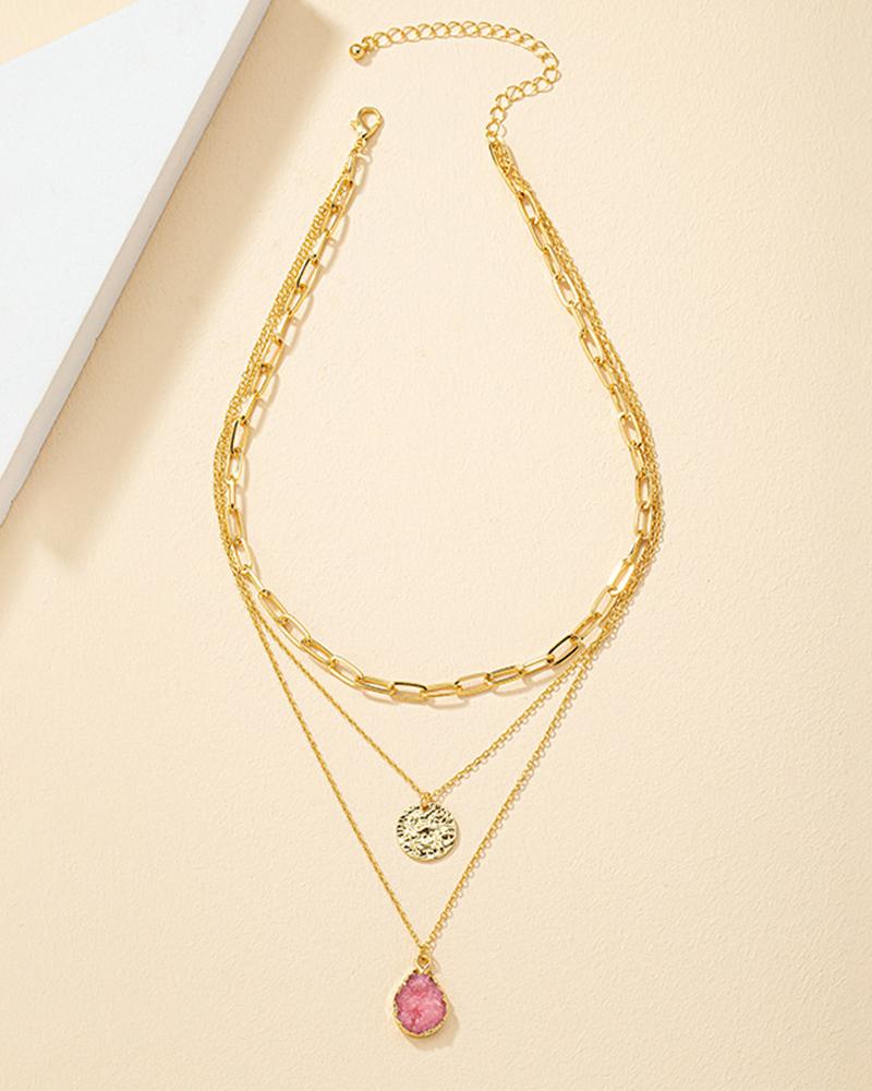

1pc Natural Stone Multi-layer Disc Pendant Necklace, Pink