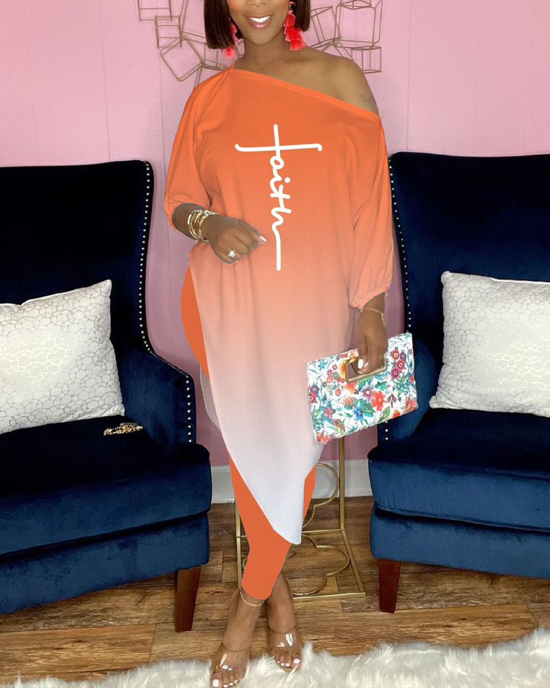 

Ombre Letter Print Asymmetrical Top & Pants Set, Orange