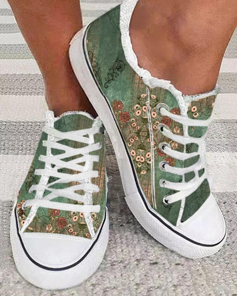 Floral Tribal Print Raw Hem Lace-up Sneakers