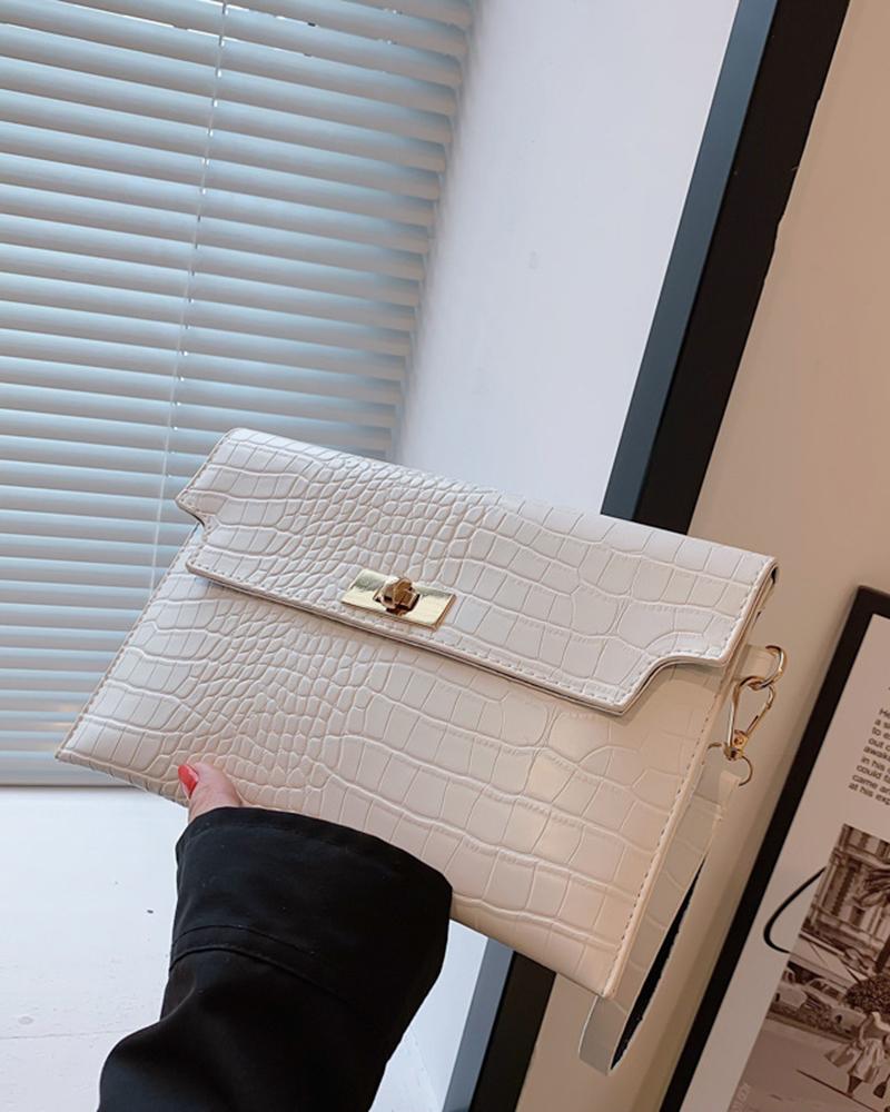 

Crocodile Twist Lock Square Purse Bag, White