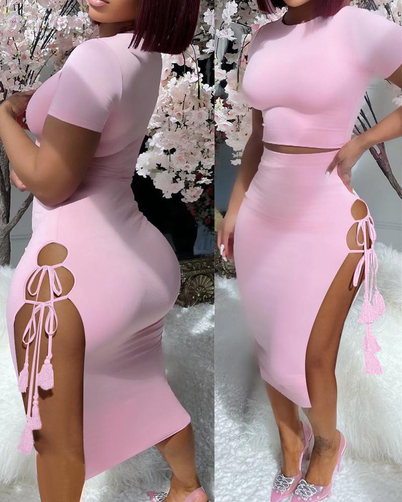 

Crop Top & Tied Detail Side Slit Skirt Set, Pink