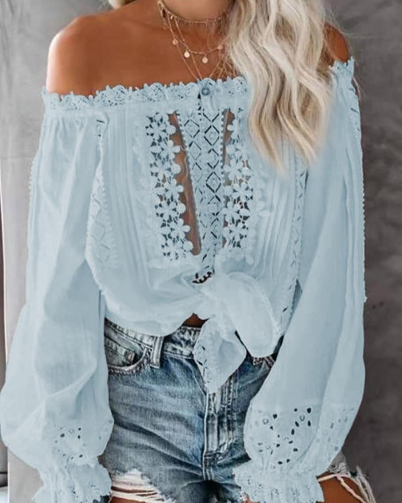 

Off Shoulder Floral Lace Eyelet Embroidery Top, Blue