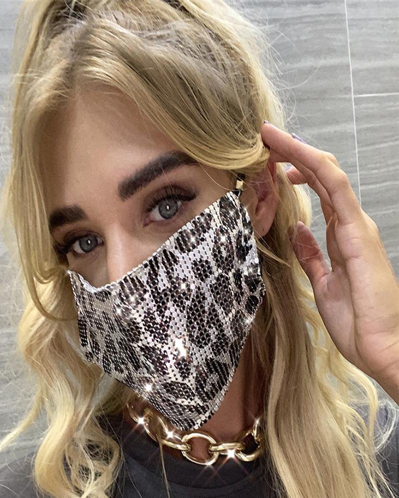 

Cheetah Pattern Metal Rhinestone Face Mask, Leopard