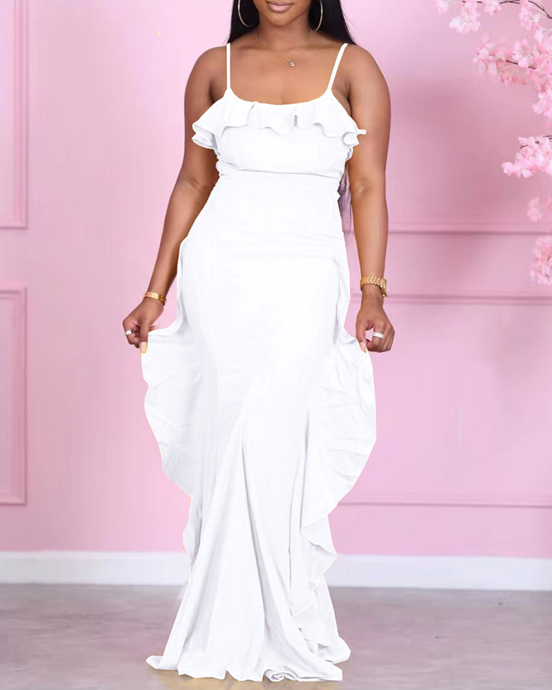 

Spaghetti Strap Ruffles Trim Maxi Dress, White