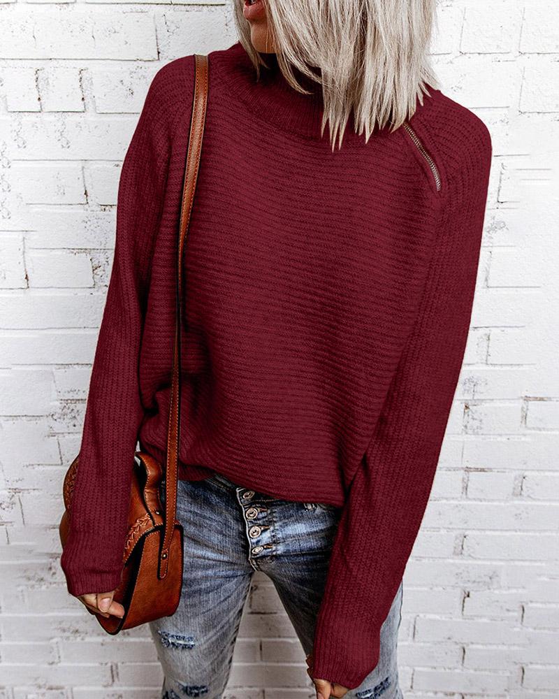 

Zipper Design Long Sleeve High Neck Knit Sweater, Red