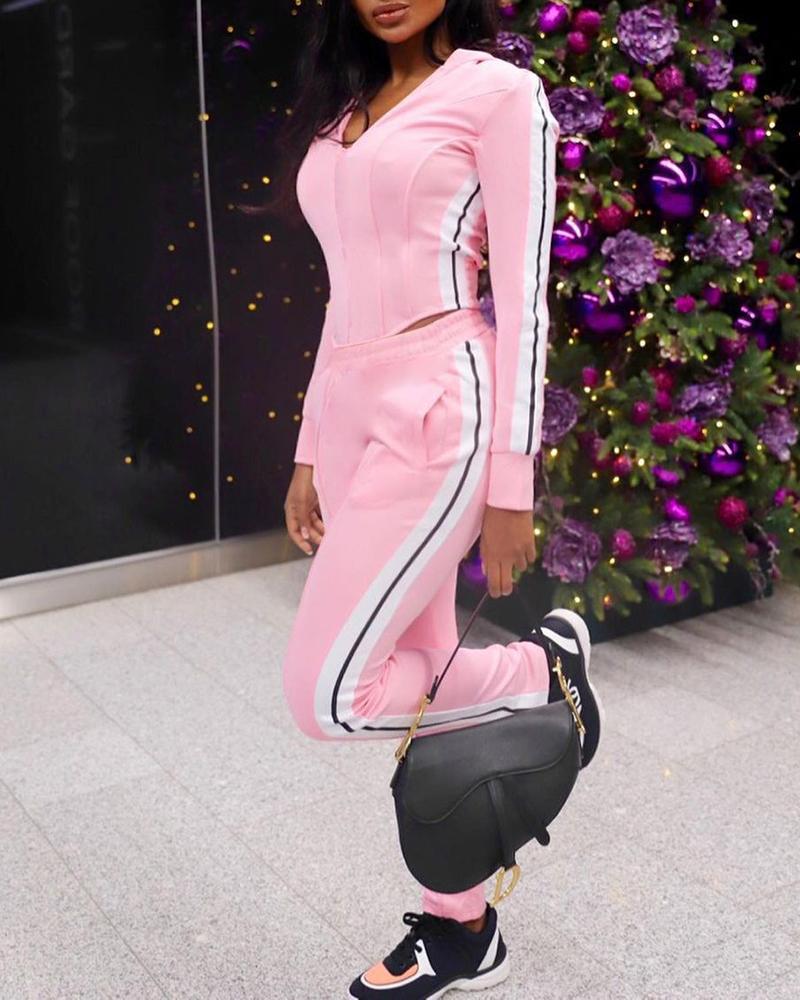 

Striped Colorblock Hooded Top & High Waist Pants Set, Pink