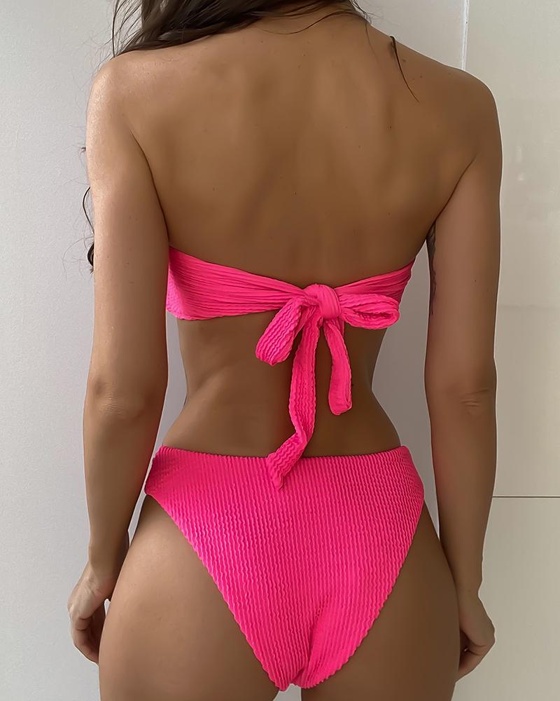 

Textured Ruched Shirred Tied Detail Bandeau Bikini Set, Pink