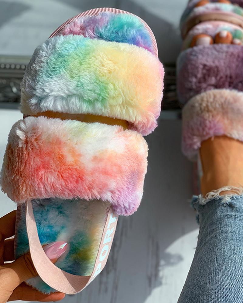 

Letter Strap Double Band Fluffy Peep Toe Slippers, Multicolor