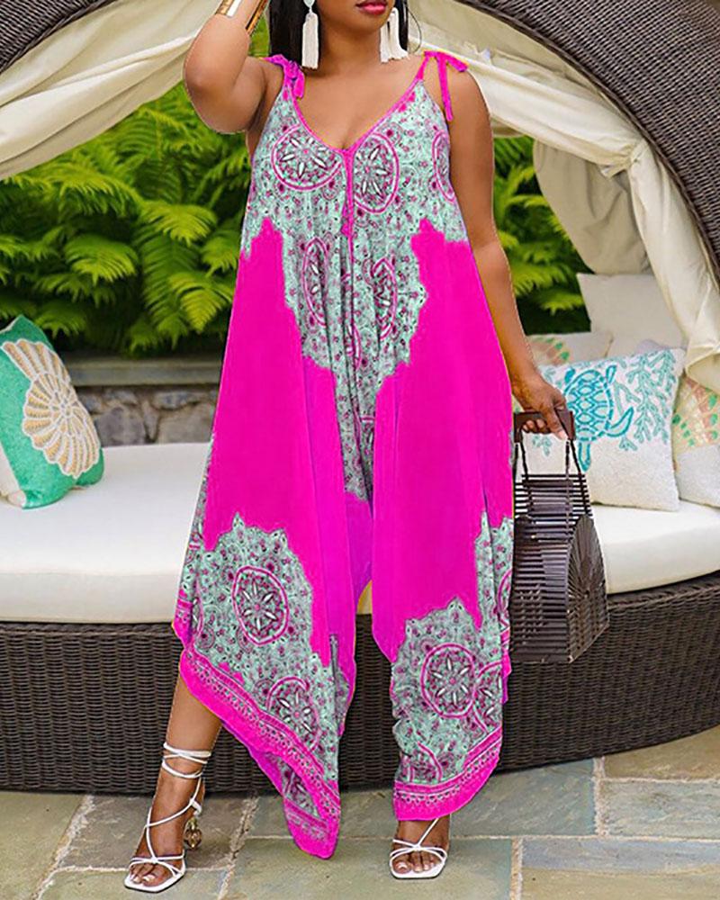 

V Neck Graphic Print Tie Detail Wide Leg Jumpsuit, Pink