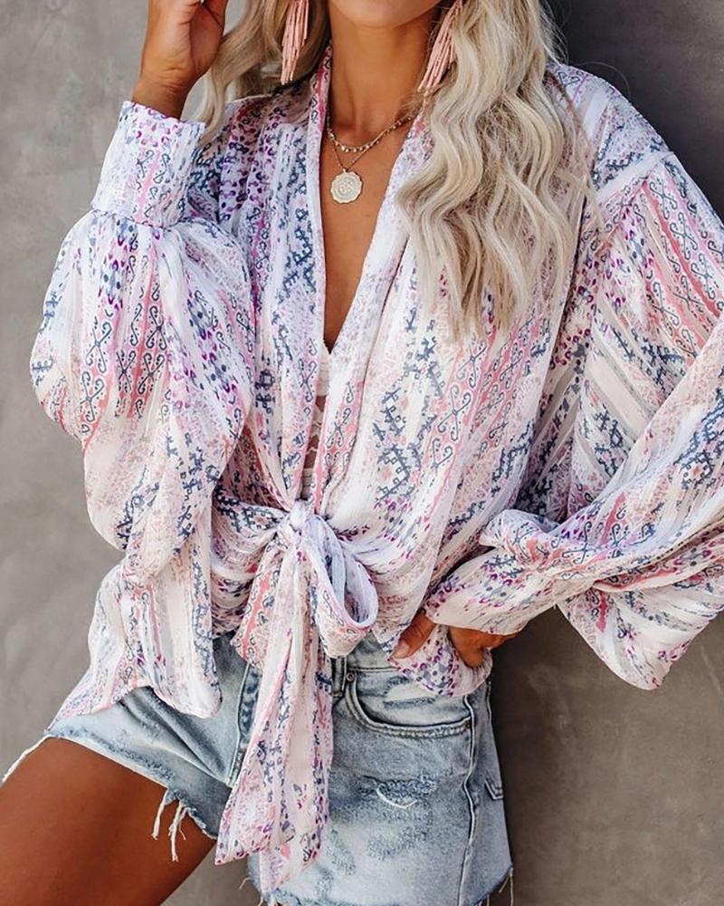 

Graphic Print Knotted Front Lantern Sleeve Top, White
