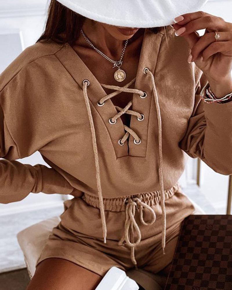 

Eyelet Lace-Up Long Sleeve Top & Drawstring Shorts Set, Brown