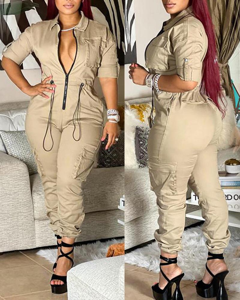 

Plus Size Zipper Pocket Design Long Sleeve Jumpsuit, Khaki