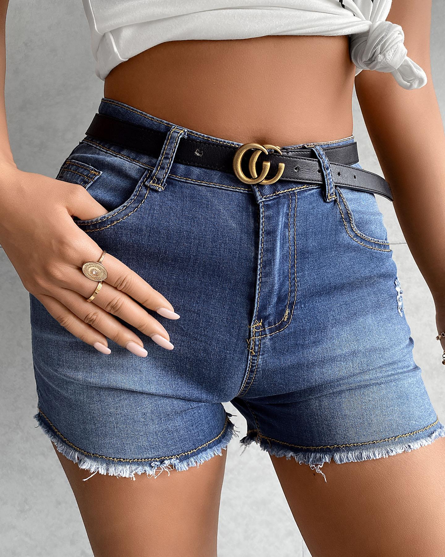 

High Waist Ripped Denim Shorts, Blue