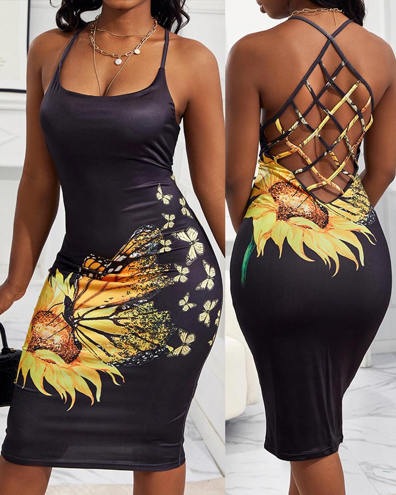 

Butterfly Sunflower Print Fishnet Backless Bodycon Dress, Black
