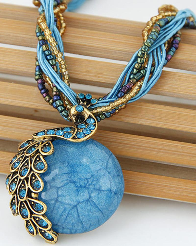 

1pc Peacock Pattern Gem Stone Braided Pendant Necklace, Blue