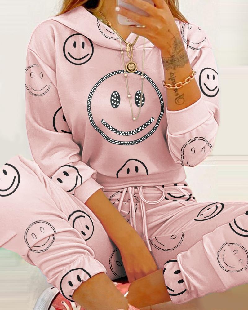 

Smile Face Print Hooded Top & Drawstring Pants Sets, Pink