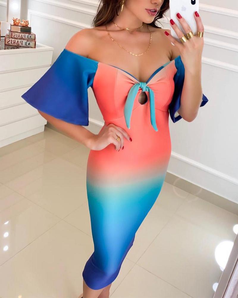 

Ombre Off Shoulder Bell Sleeve Bodycon Dress, Multicolor