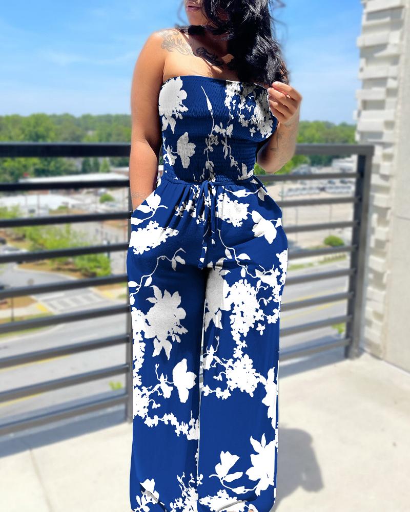 

Floral Print Drawstring Waist Wide Leg Shirred Tube Jumpsuit, Blue