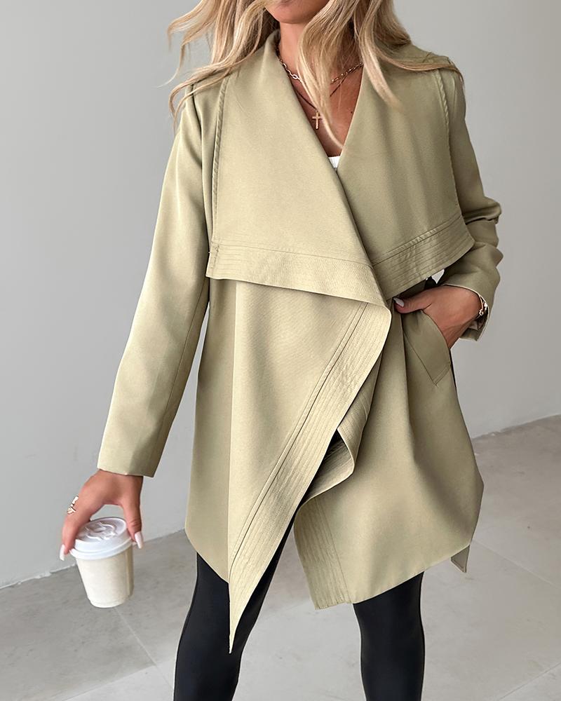 

Lapel Neck Open Front Longline Trench Coat, Khaki