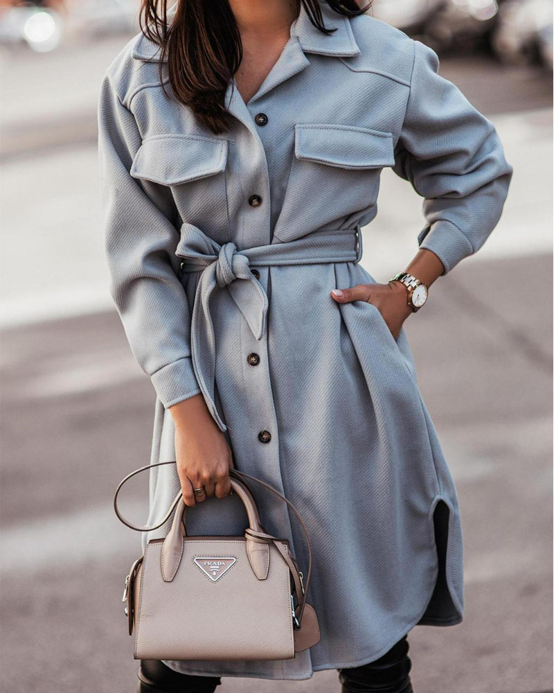 

Button Front Flap Detail Belted Longline Shacket, Gray