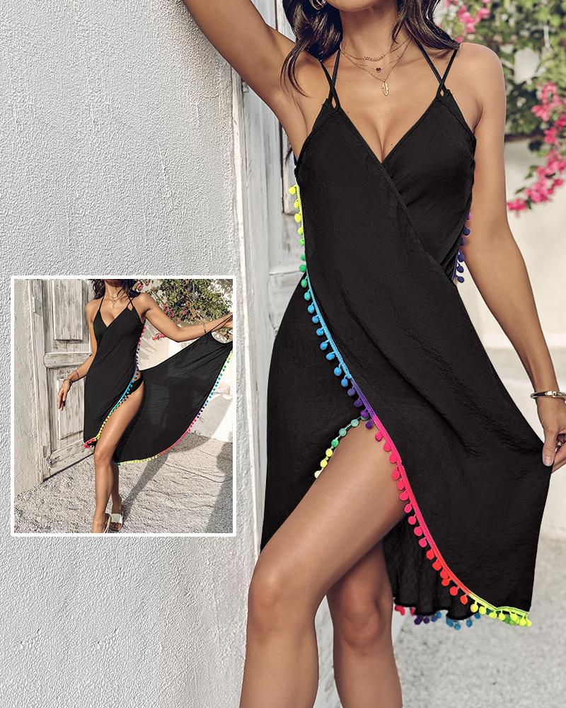 

Vestido midi com decote em V profundo e alças finas, decoração com pompom e cruzado, Black