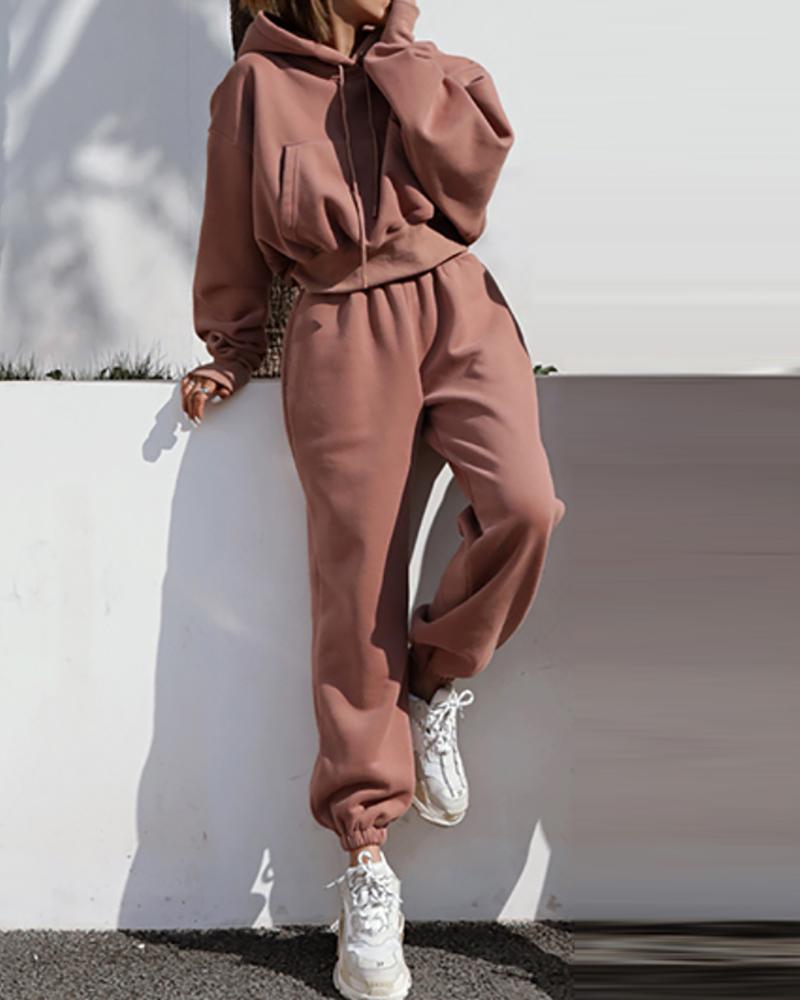 

Plain Pocket Design Long Sleeve Hoodie & High Waist Pants Set, Pink