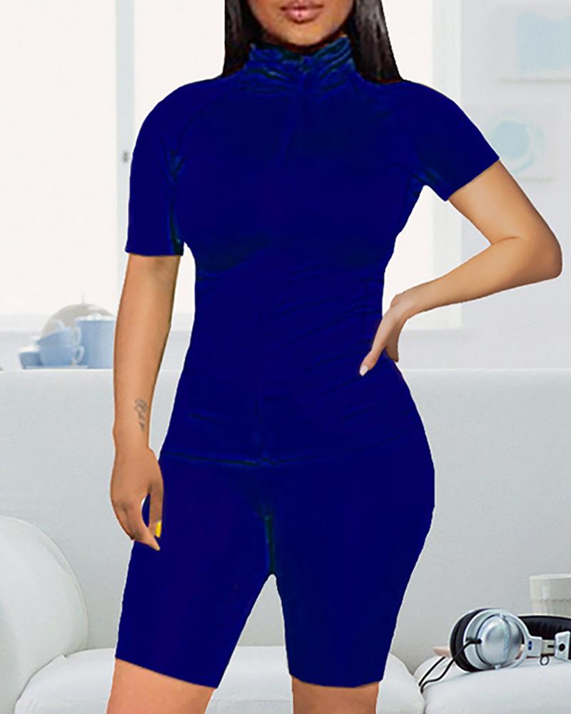 

Solid Short Sleeve Sporty Top & Shorts Set, Dark blue