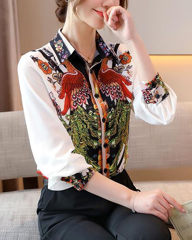 

Phoenix Print Long Sleeve Button Down Shirt, White
