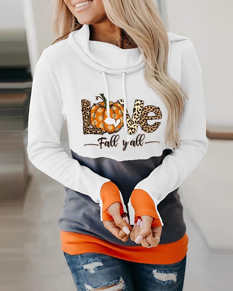 

Halloween Pumpkin Leopard Graphic Print Colorblock Hoodie, White